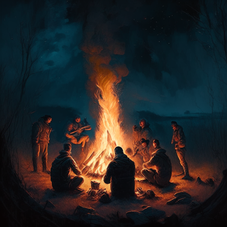 a group of men gathered around a small bonfire with a mystical dreamscape surrounding them