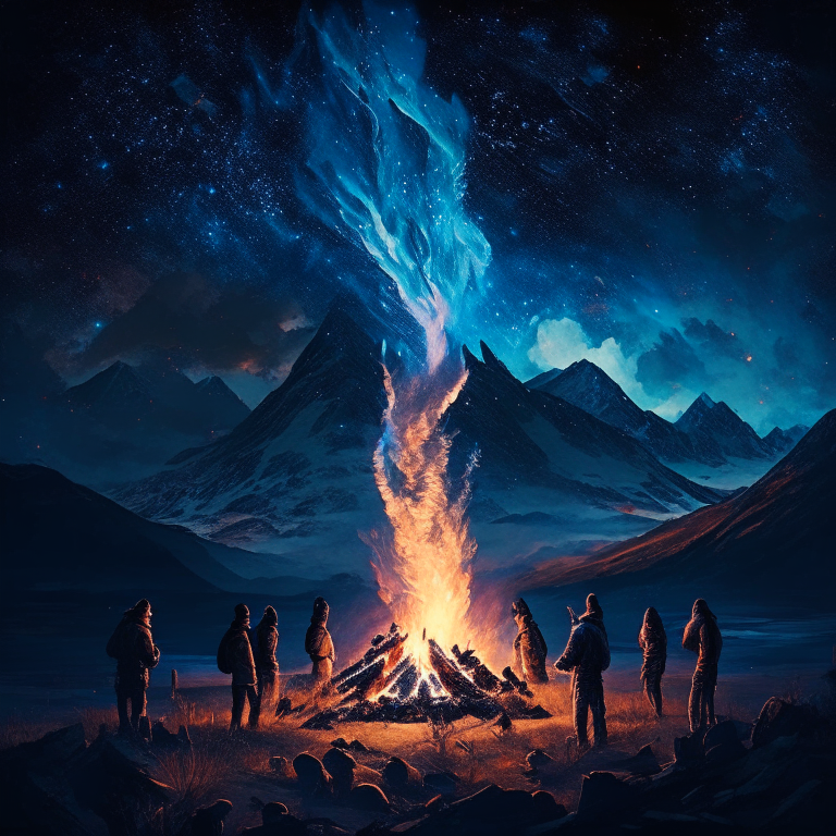 a group of men gathered around a bonfire with mystical spirits around them and mountains in the horizon and the milky way in the sky