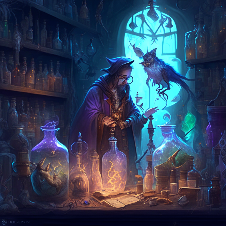 an alchemist in a mystical laboratory surrounded by mythical creatures and magical spells