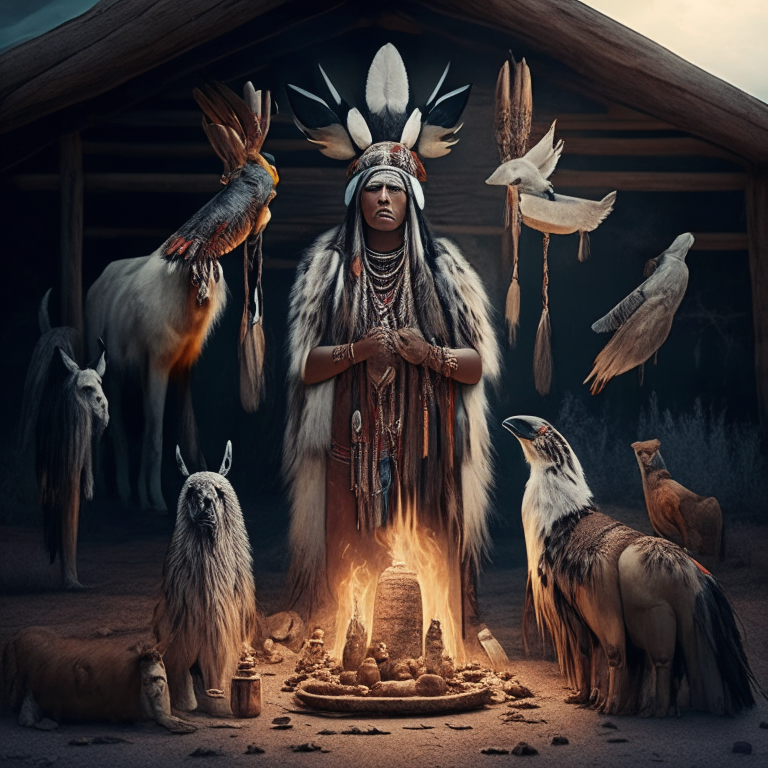 a Native American ceremony with totems and spiritual animals around him