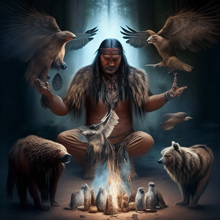 a Native American man making a mystical ritual summoning spiritual animals eagle, wolf, bear and buffalo