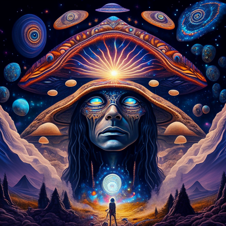 a Native American surrounded by spiritual mushrooms traveling in a cosmic landscape with eyes instead of galaxies in visionary art style