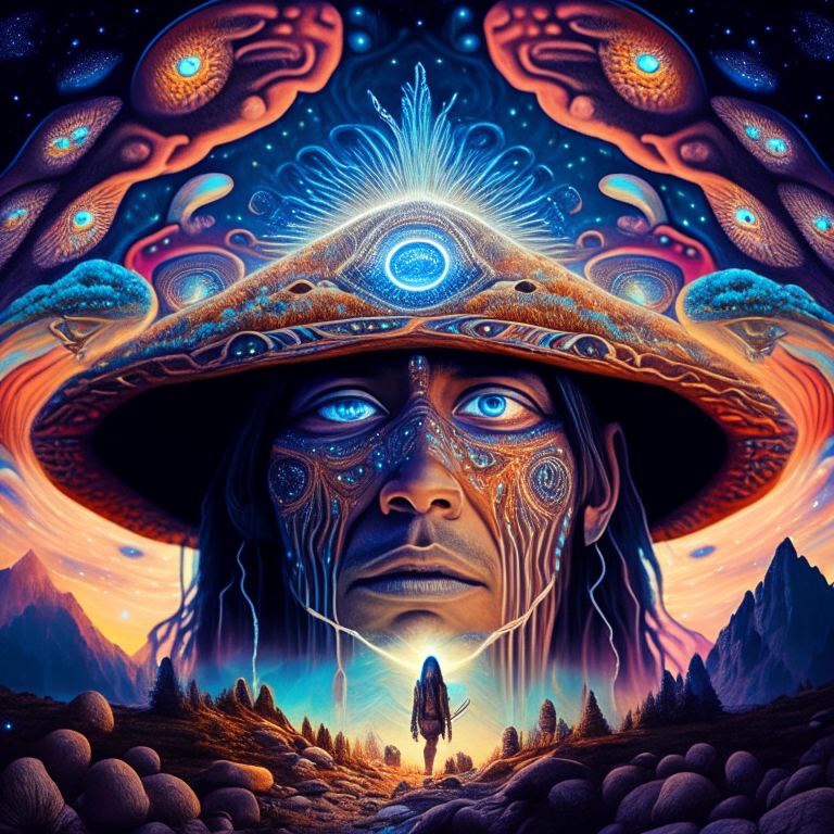 a Native American surrounded by spiritual mushrooms traveling in a cosmic landscape with eyes instead of galaxies in visionary art style