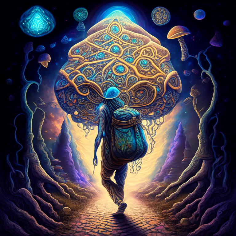 an ancient soul traveling across the multiverses carrying a bag full of spiritual mushrooms in visionary art style