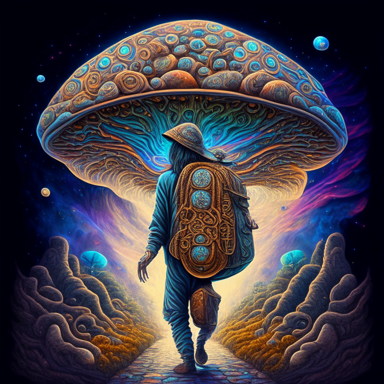 an ancient soul traveling across the multiverses carrying a bag full of spiritual mushrooms in visionary art style