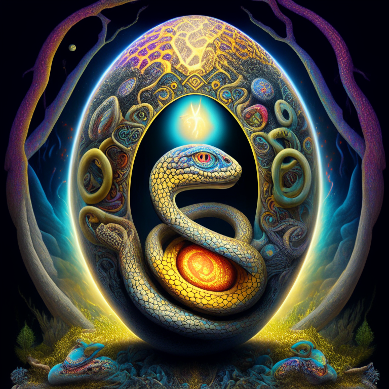 an orphic egg with the snake full of symbols surrounded by mushrooms in psychedelic realistic visionary art style