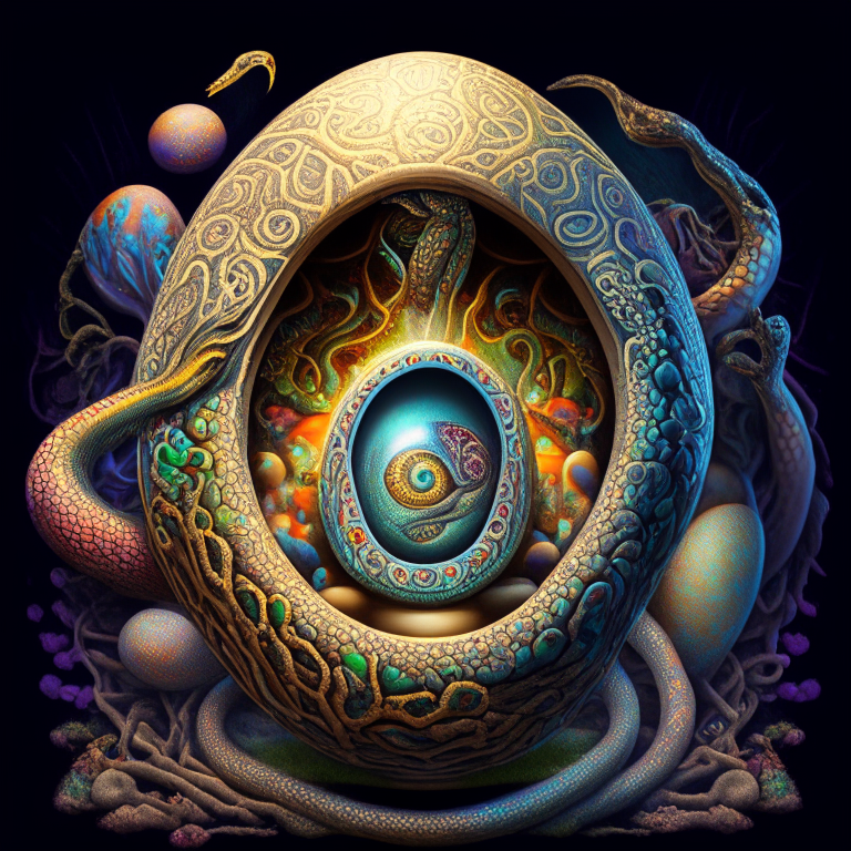 an orphic egg with the snake full of symbols surrounded by mushrooms in psychedelic realistic visionary art style