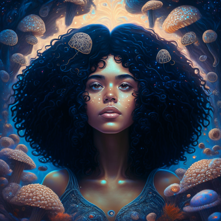 a beautiful young woman with curly black hair surrounded by mushrooms in a mystical universe in visionary art style