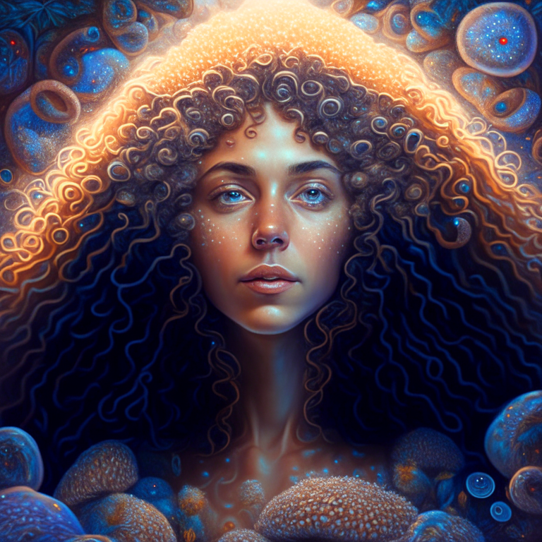 a beautiful young caucasian woman with curly hair surrounded by mushrooms in a mystical universe in visionary art style