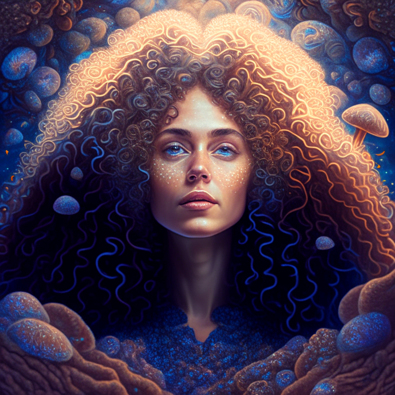 a beautiful young caucasian woman with curly hair surrounded by mushrooms in a mystical universe in visionary art style