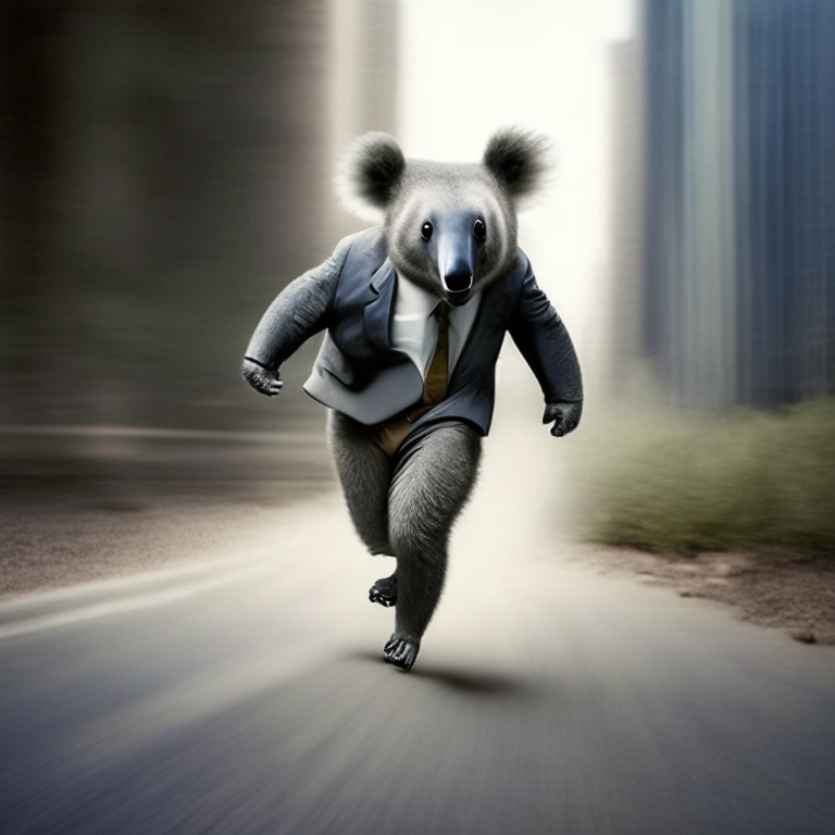 a koala running towards a person in a suit and tie