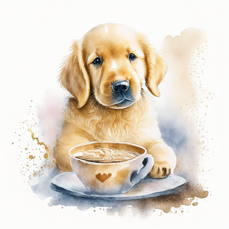 a Golden Retriever puppy drinking a latte with heart-shaped art, painted in watercolor style
