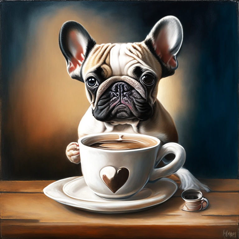 a French Bulldog puppy drinking a latte with heart-shaped art, painted in oil style