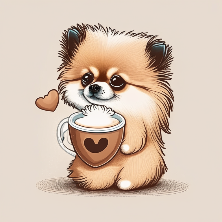 a Pomeranian puppy drinking a latte with heart-shaped art, drawn in cartoon style
