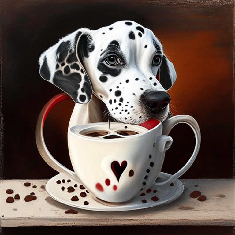a Dalmatian puppy drinking a latte with heart-shaped art, painted in acrylic style