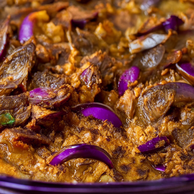 a close-up of a delicious Turkish Lamb and Eggplant Casserole, with a golden brown crust and steam rising from the dish