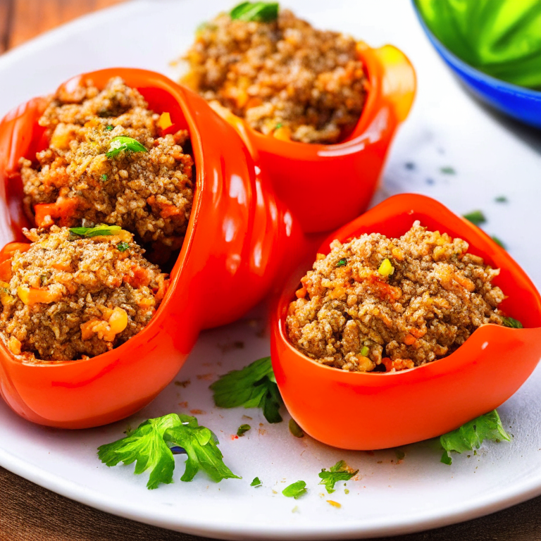 a colorful and appetizing plate of Stuffed Peppers with Ground Turkey and Rice, garnished with fresh herbs