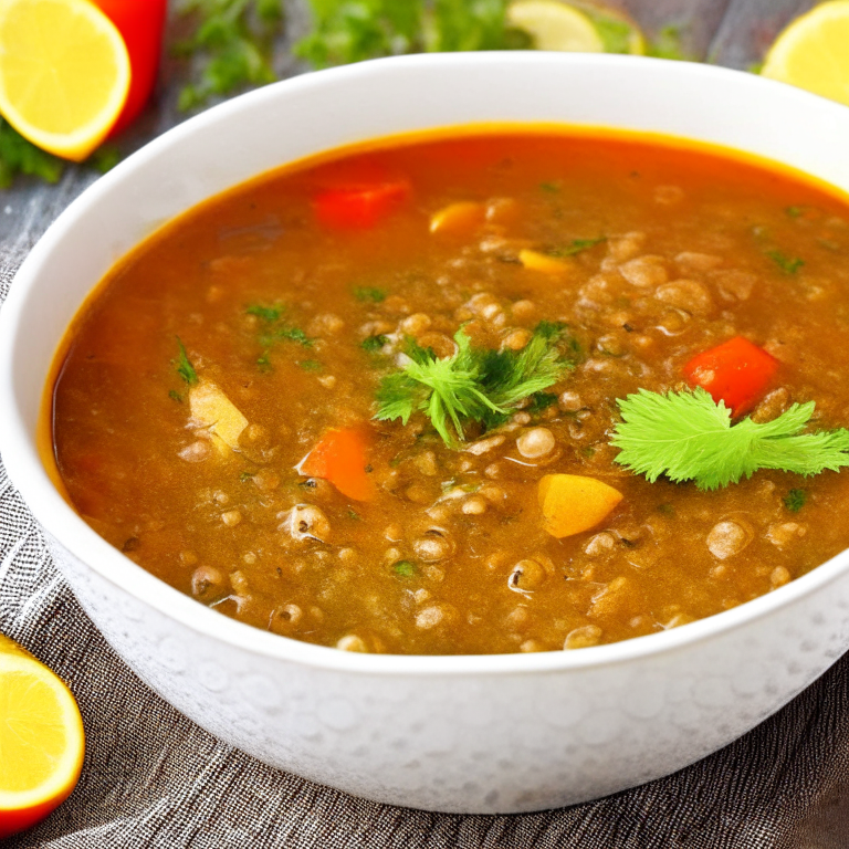 a steaming bowl of Turkish-style Lentil Soup with Spices and Tomatoes, garnished with fresh herbs and a slice of lemon