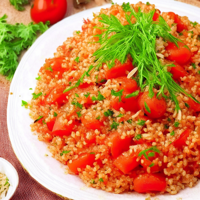 a mouth-watering plate of Turkish Bulgur Pilaf with Tomatoes, Onions, and Herbs, garnished with fresh parsley