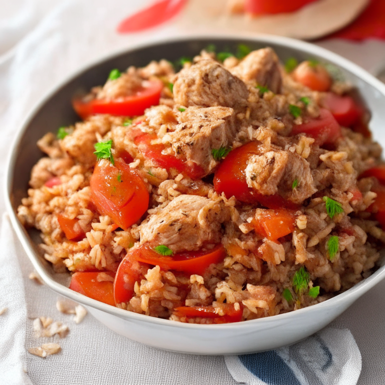 a delicious plate of Turkish-style bulgur pilaf with tender chunks of turkey, juicy tomatoes, caramelized onions, and fragrant herbs