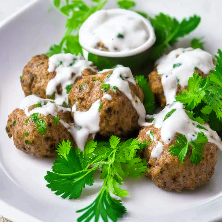 a mouth-watering plate of Turkey Meatballs with Yogurt Sauce and Fresh Herbs, garnished with chopped parsley