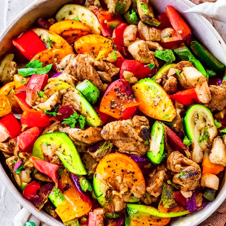 a colorful and flavorful Mediterranean Turkey and Vegetable Stir-fry with Spices, featuring juicy chunks of turkey, crisp vegetables, and fragrant spices