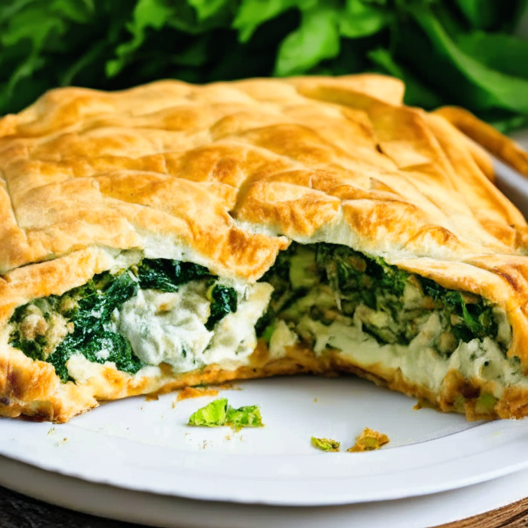 a delicious and savory Turkey with Spinach and Feta Pie with Phyllo Pastry and Herbs, with a golden brown crust and a generous filling of tender turkey, spinach, and crumbled feta cheese