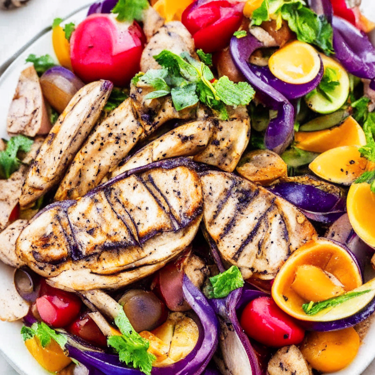 a colorful and healthy Turkey with Grilled Eggplant Salad with Tomatoes, Onions, and Lemon Dressing, featuring juicy chunks of turkey, grilled eggplant, ripe tomatoes, and tangy lemon dressing