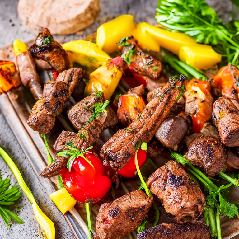 a mouth-watering plate of Mediterranean-style Beef Skewers with Herbs and Vegetables, featuring juicy chunks of beef, colorful vegetables, and fragrant herbs