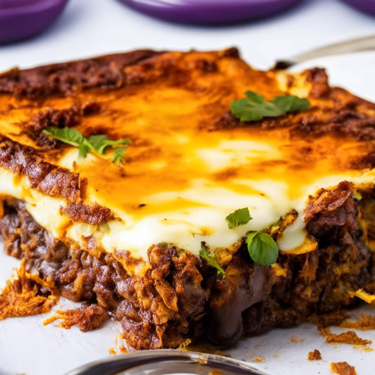 a delicious and hearty Greek-style Beef Moussaka with Eggplant and Potatoes, featuring layers of tender beef, creamy eggplant, and crispy potatoes, all topped with a rich and flavorful tomato sauce and a golden brown béchamel crust