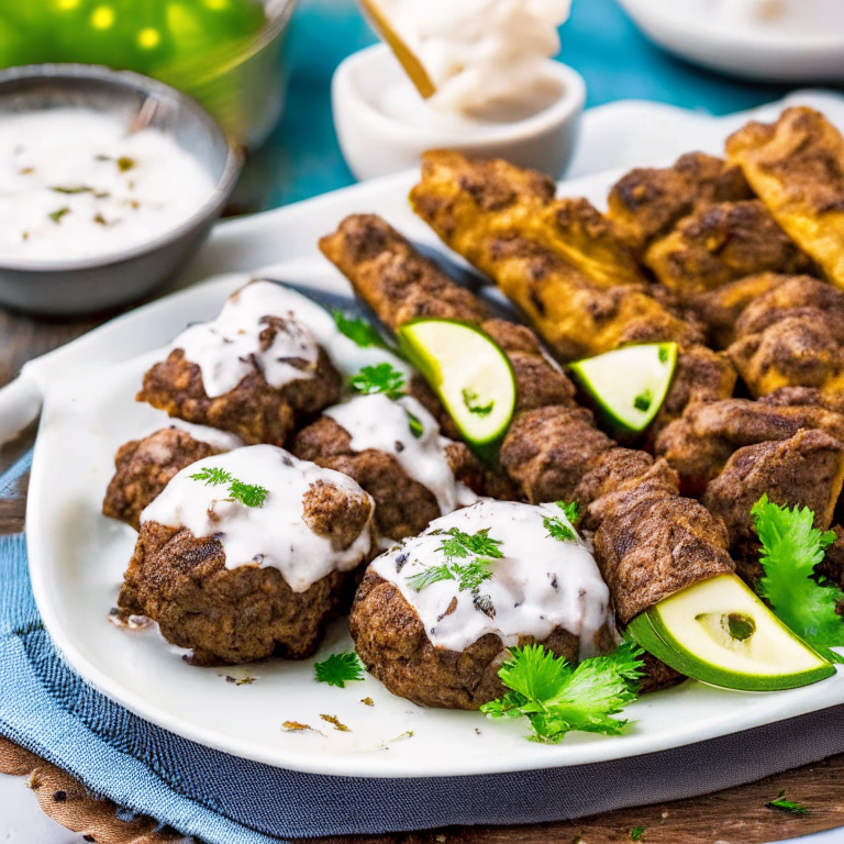 a delicious and aromatic plate of Lebanese Beef Kofta Kebabs with Yogurt Sauce and Pita Bread, featuring juicy and flavorful beef kofta skewers, creamy yogurt sauce, and warm pita bread