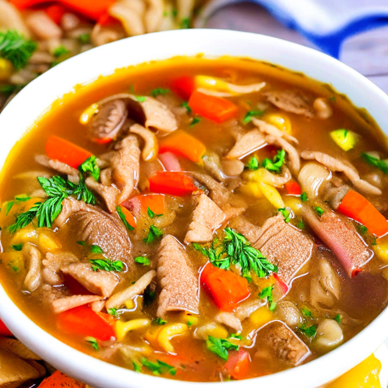 a warm and comforting bowl of Italian Beef and Vegetable Soup with Pasta and Herbs, featuring tender chunks of beef, colorful vegetables, and al dente pasta in a rich and flavorful broth