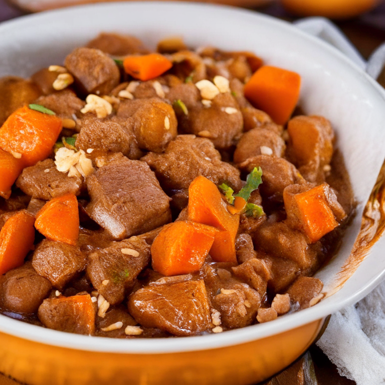 a fragrant and flavorful Moroccan-style Beef Tagine with Apricots and Almonds, featuring tender chunks of beef, sweet apricots, and crunchy almonds in a rich and aromatic sauce