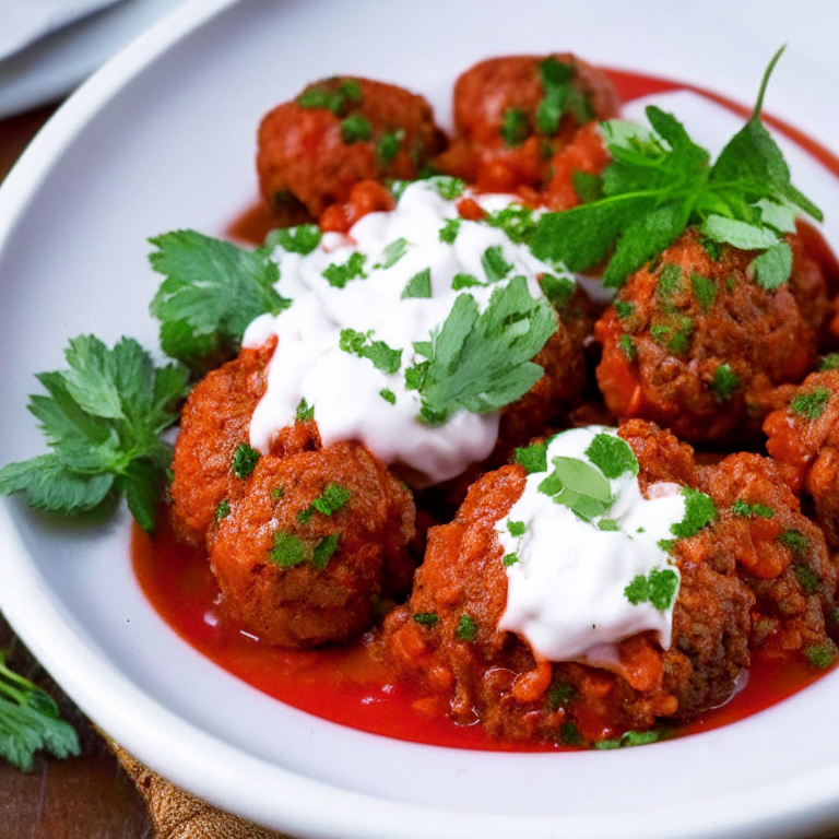 a mouth-watering plate of Turkish Beef and Bulgur Meatballs with Tomato Sauce and Mint Yogurt, featuring juicy meatballs made with ground beef and bulgur, smothered in a rich tomato sauce and served with a dollop of refreshing mint yogurt