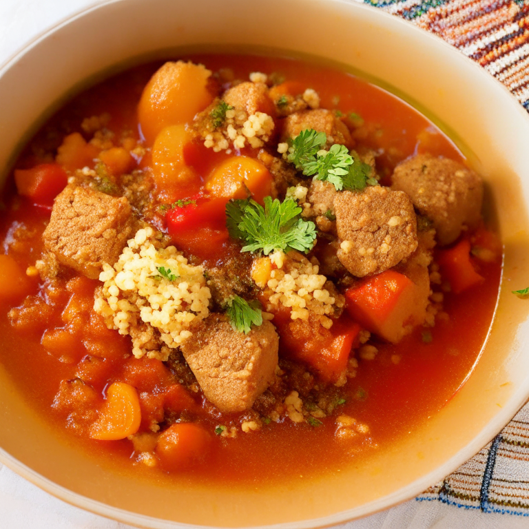 a hearty and flavorful Tunisian Spiced Beef Stew with Chickpeas and Couscous, featuring tender chunks of beef, chickpeas, and vegetables in a fragrant and spicy tomato-based broth, served over fluffy couscous