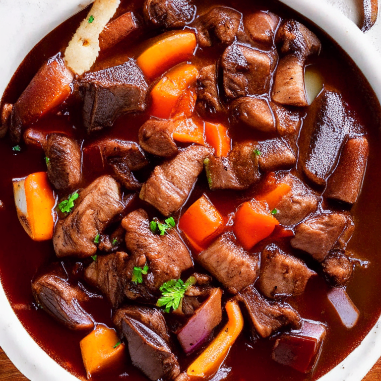 a classic French-style Beef Bourguignon with Red Wine and Vegetables, featuring tender chunks of beef, carrots, onions, and mushrooms in a rich and savory red wine sauce