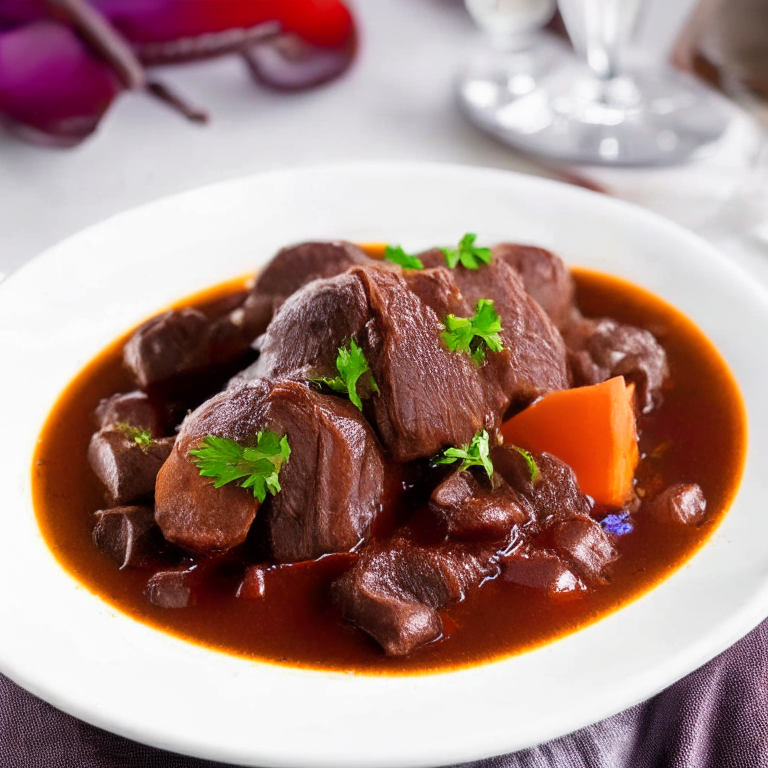 a delicious French-style Beef Bourguignon with Red Wine and Vegetables, served on a white plate