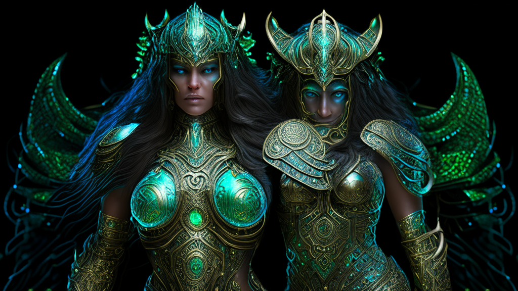 a beautiful Elohiym Goddess with long brunette hair, wearing ornate gold and silver body armor with intricate carvings, standing in front of a dark background with holographic blue and green HUD system, with an intricately carved helmet