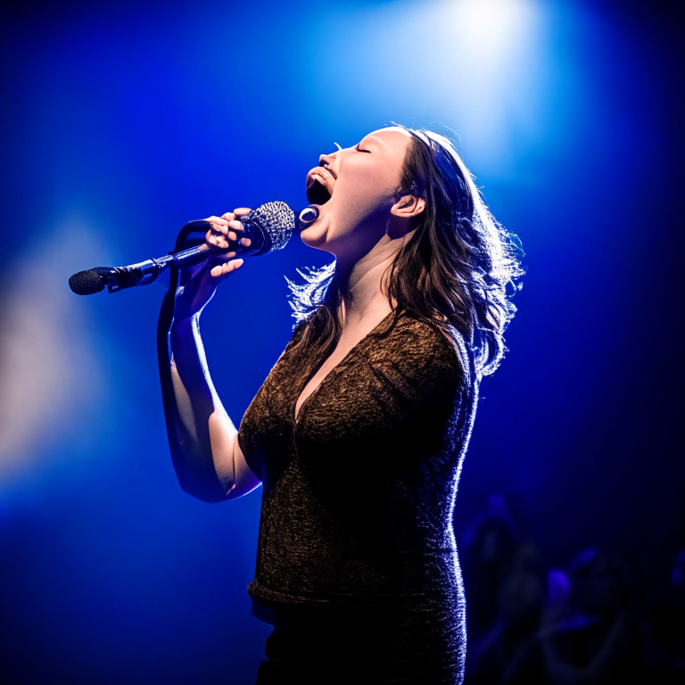 a woman singing on stage with a microphone in her hand