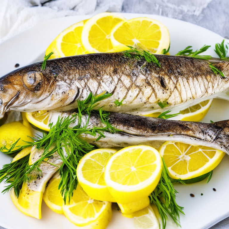 Grilled Mediterranean Sea Bass with Lemon and Herbs on a white plate, with lemon wedges and herbs on top