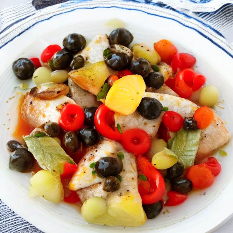 Baked Cod with Tomatoes, Olives, and Capers on a white plate, with tomatoes, olives, and capers on top