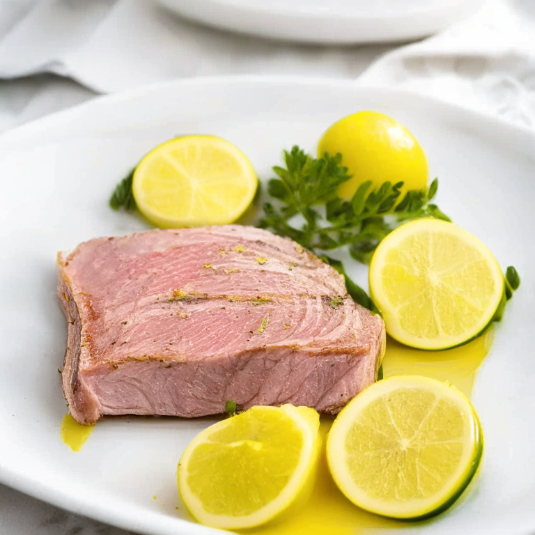 Pan-Seared Mediterranean Tuna with Garlic and Lemon on a white plate, with garlic and lemon slices on top