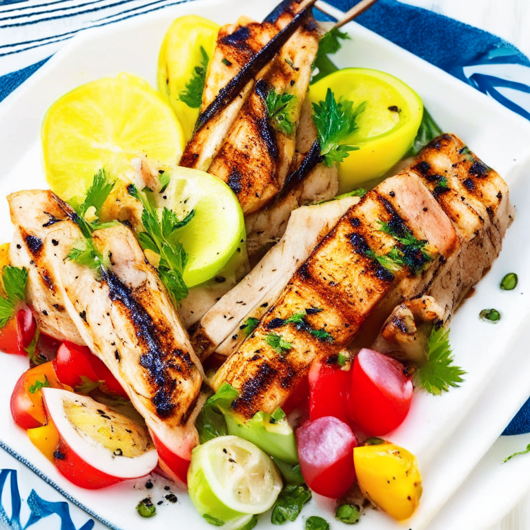 Mediterranean-Style Grilled Swordfish Skewers with Vegetables on a white plate, with vegetables on the side