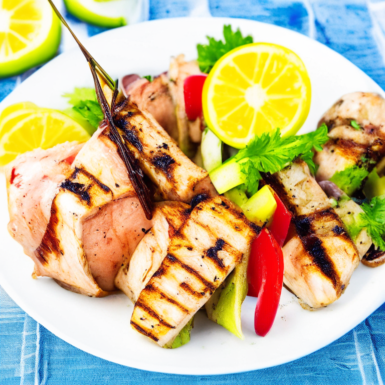 Mediterranean-Style Grilled Swordfish Skewers with Vegetables on a white plate, with swordfish meat and vegetables on the side