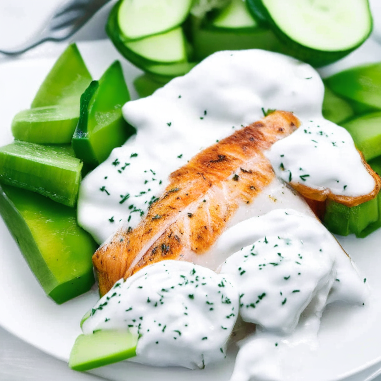 Broiled Salmon with Greek Yogurt and Cucumber Sauce on a white plate, with cucumber slices and a dollop of Greek yogurt sauce on top