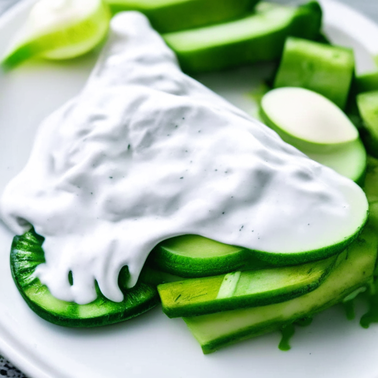 Broiled Salmon with Greek Yogurt and Cucumber Sauce on a white plate, with cucumber sauce and a dollop of Greek yogurt sauce on top