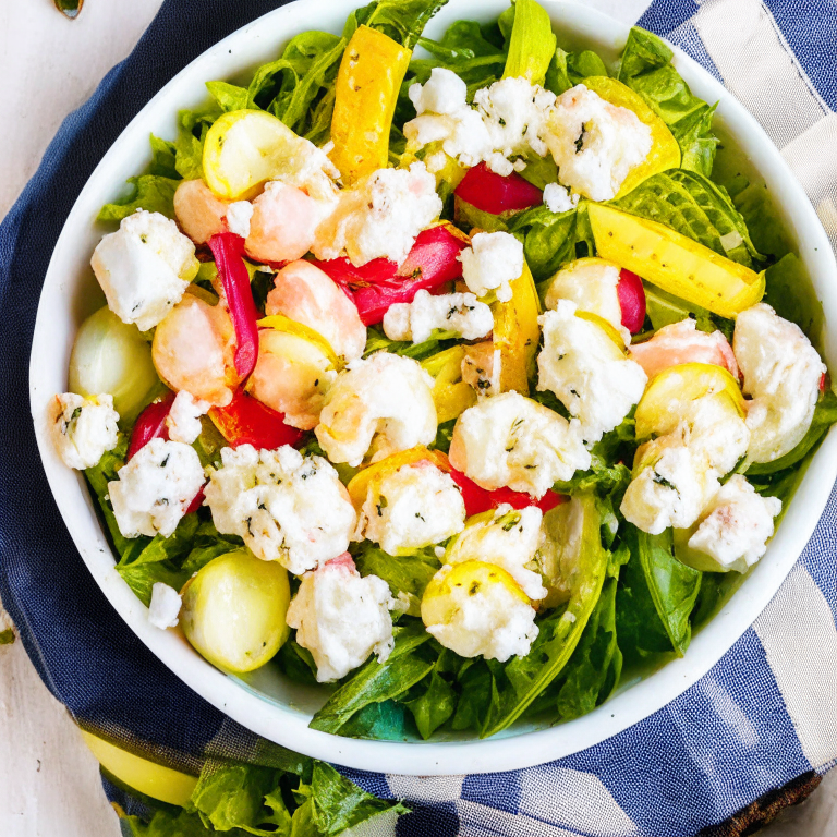 Shrimp and Feta Cheese Salad with Lemon Vinaigrette in a bowl, with shrimp, feta cheese, and lemon vinaigrette on top