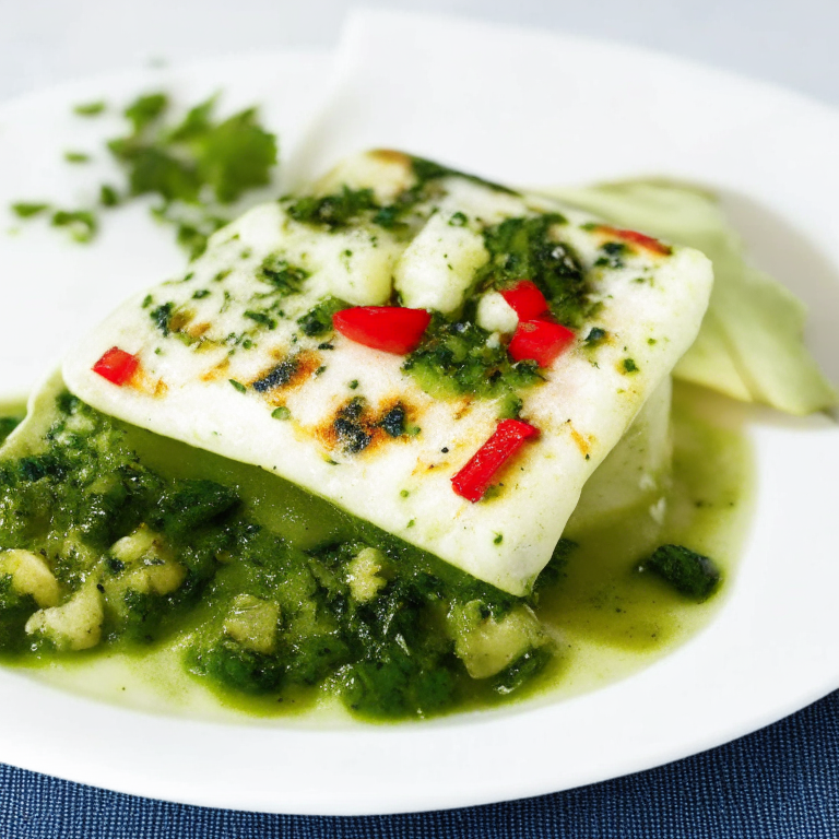 Grilled Halibut with Mediterranean Salsa Verde on a white plate, with Mediterranean salsa verde on top