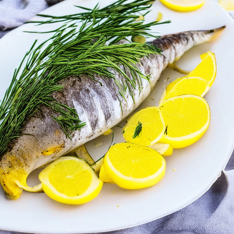 Oven-Roasted Branzino with Lemon and Rosemary on a white plate, with lemon slices and rosemary on top