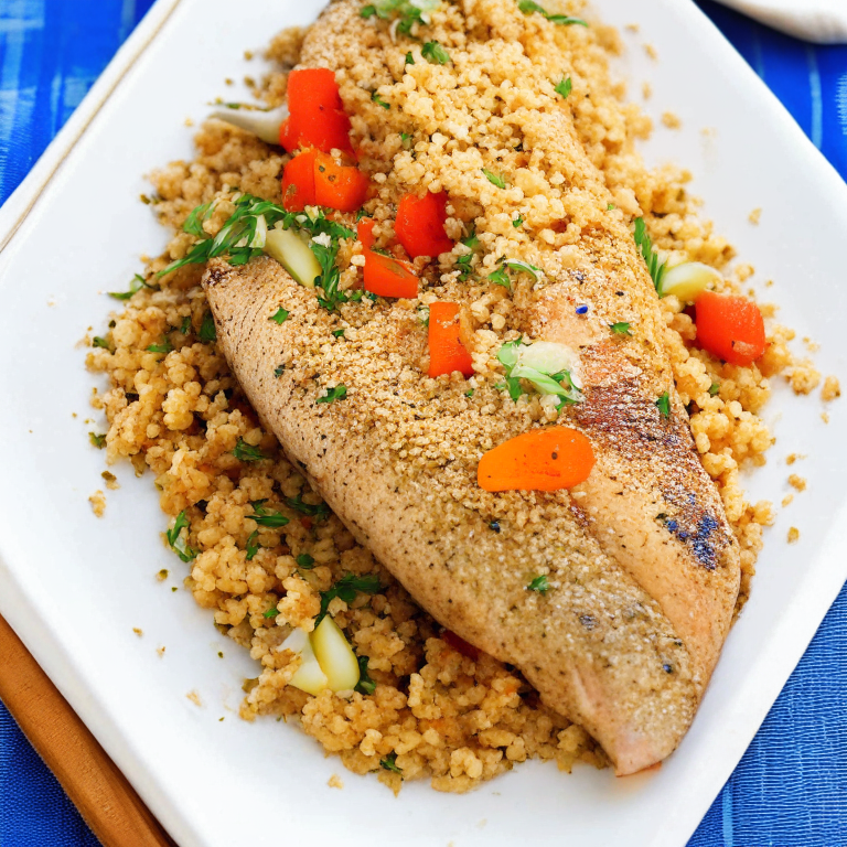 Baked Trout with Mediterranean Couscous Stuffing on a white plate, with couscous stuffing on top